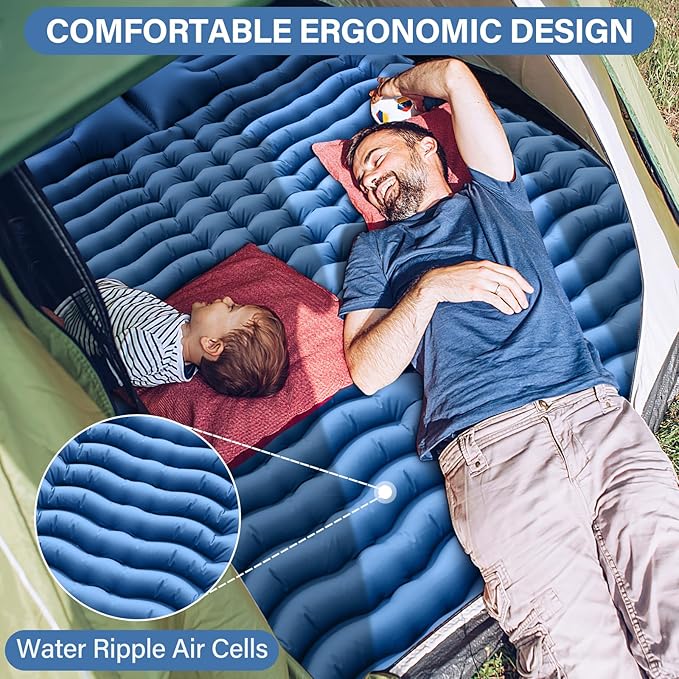 Double Camping Sleeping Pad with Built-in Foot Pump and Pillows – Ultralight Inflatable Sleeping Mat for 2 Person, Compact Air Mattress for Backpacking Hiking Tent Camping, Portable Outdoor