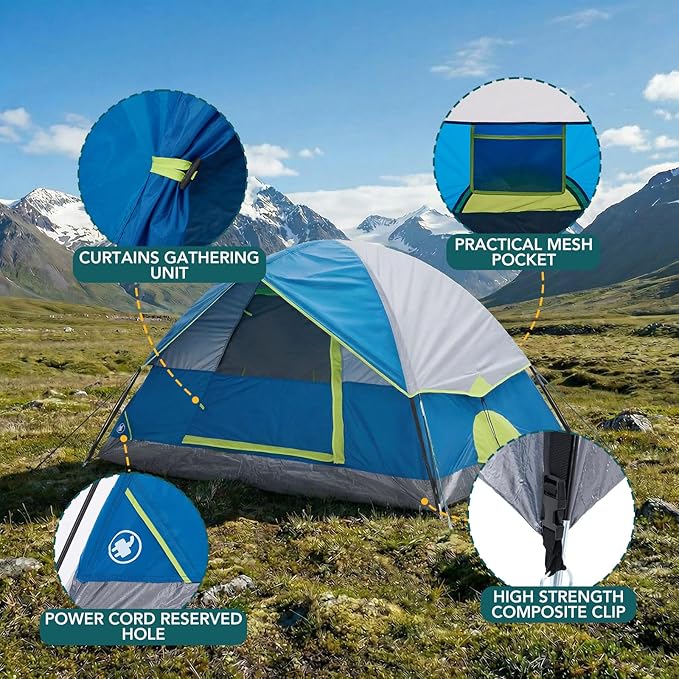 OLIXIS Camping Tent 2/4 Person, Waterproof Windproof Dome Tent with Multi-Directional Ventilation, Quick 5 Min Setup for Family Outdoor, Backpacking, Hiking
