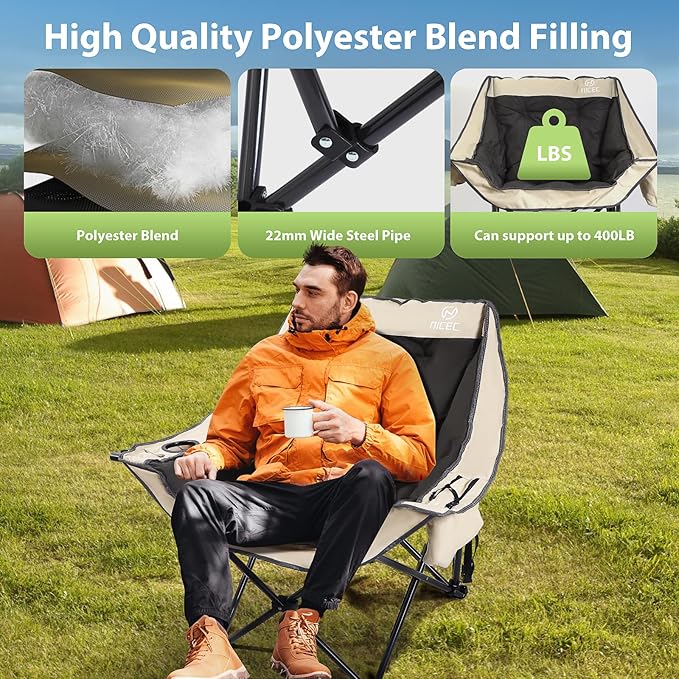 Nice C Padded Camping Chair, Oversized Camping Chairs, Oversized Thick Padded Folding Chairs, Outdoor Sports Chair, Heavy Duty, with Cooler Bag, Cup Holder, Side Pockets (1 Pack)
