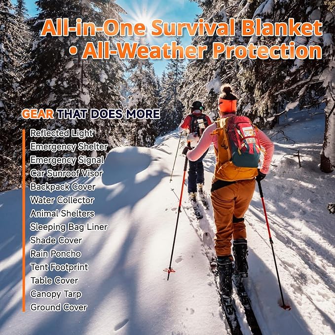 SecuCaptain Survival Emergency Thermal Blankets: Thicken 28um Space Mylar Blanket Kit for Outdoor Cold Winter Camping, Hiking, Car Bug Out Bag, or First Aid - Orange 4 Pack