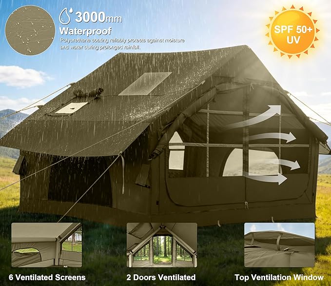 Inflatable Tents for Camping with Stove Jack, 2/4/6/8 Person Easy Setup Blow Up Tents for 4 Seasons Waterproof Inflatable Camping Tent with Awning, Air House Glamping Tents for Camping Adult