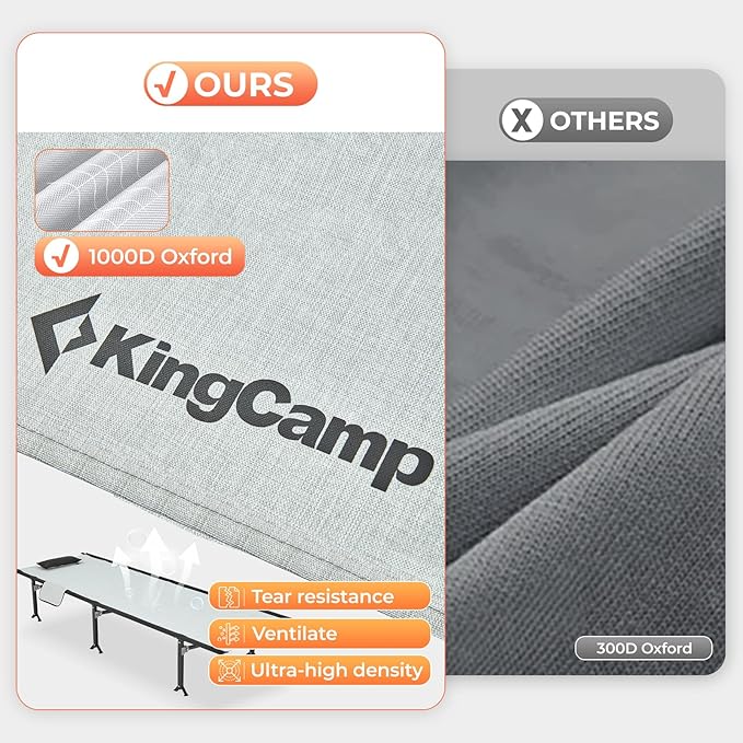 KingCamp Oversized Camping Cot, Folding 440lbs Heavy Duty Portable Lightweight Ultralight XL Large Wide Military Army Sleeping Bed for Adult Backpacking Outdoor Travel Tent Overlanding, Black/Grey