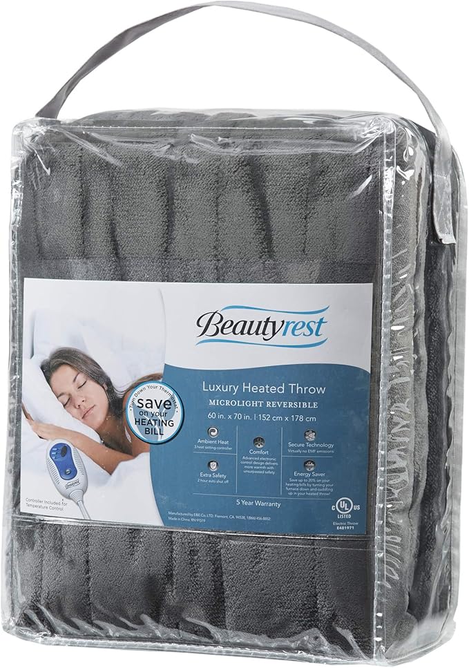 Beautyrest Heated Electric Blanket for Cold Weather, Fast Heating Heated Blanket, Auto Shut Off, Virtually Zero EMF, Multi Heat Setting, UL Certified, Grey Throw (60 inx70 in), 60x70