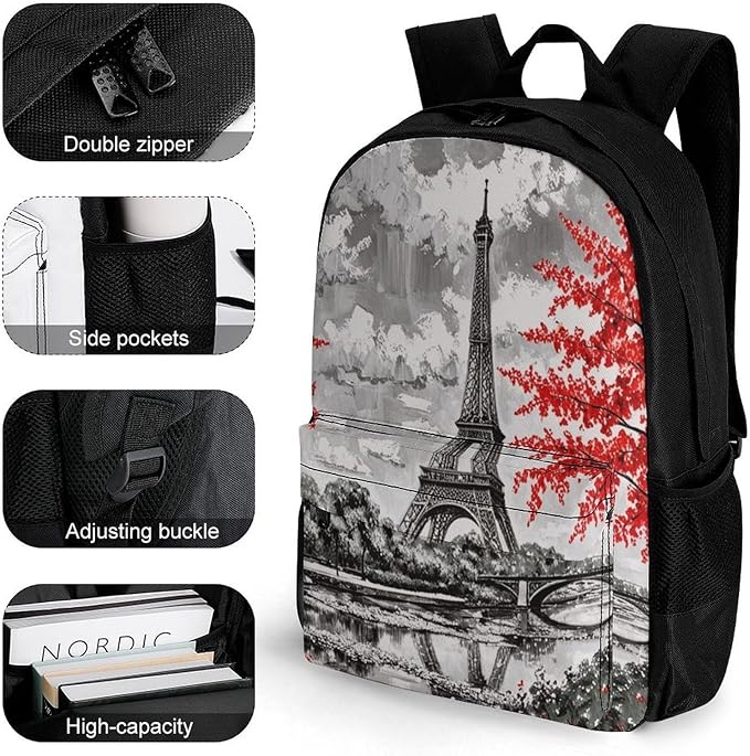 Lightweight Rucksacks for Camping Picnic Walking Cycling, Large Capacity Multipurpose Anti-Theft Carry On Bag, Paris European City Landscape France Eiffel Tower Travel Hiking Camping Rucksack