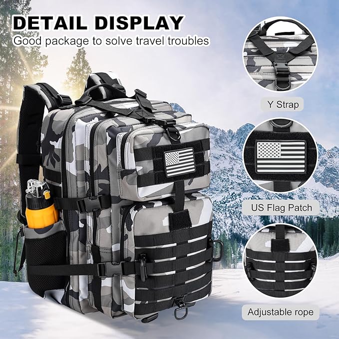 45L MOLLE Assault Pack, Tactical Backpack Military Army Camping Rucksack with Bottle Holder, 3-Day Pack Trip w/USA Flag Patch, D-Rings, Urban