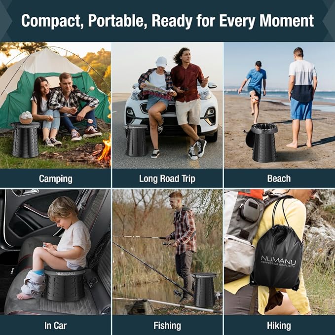 NUMANU 19.7" XXL 3IN1 Portable Toilet Seat, Stool, Trash Can | Adjustable Height Portable Potty, Foldable Toilet with Lid & Waste Bags, Outdoor Travel Potty, Pop Up Camping Toilet for Adults & Kids