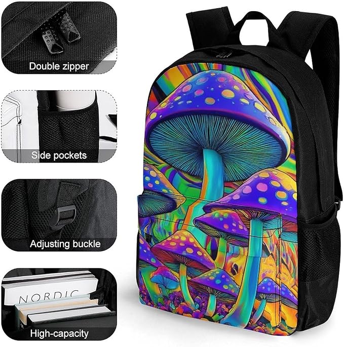Supdreamc Women Men Polyester Trippy Tie Dye Magic Mushrooms Art Casual Daypack Large Capacity Bookbag With Side Pockets for Sports Picnic Walking Cycling
