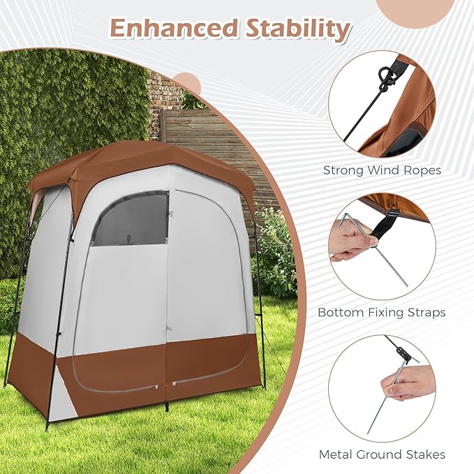 Goplus 2 Room Shower Tent, Portable Camping Changing Shelter with Floor Drain,Detachable Rain Fly, Stakes & Ropes, UV Protection, Water Resistant Privacy Tent for Outdoor Toilet, Dressing (Coffe)