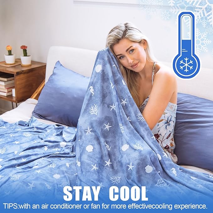 Ailemei Direct Cooling Blanket with Double Sided Cold Effect, Lightweight Breathable Summer Oversize Coastal Theme Bed Blankets, Transfer Heat to Keep Body Cool for Hot Sleepers Night Sweats, 90"x90"