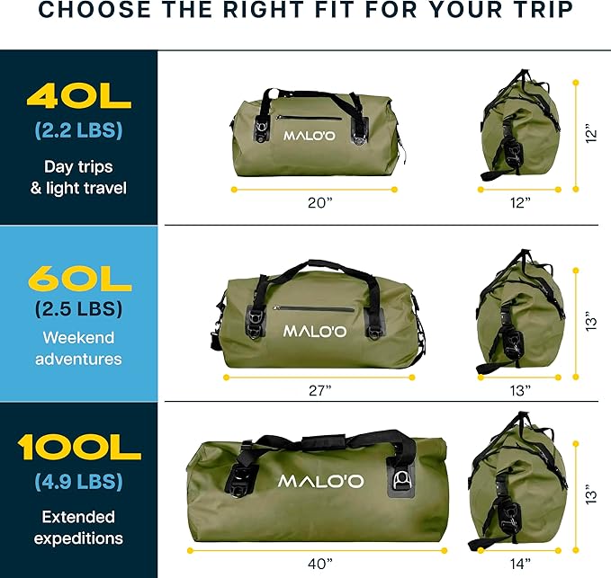 Malo’o Waterproof Dry Duffel, Heavy-Duty Roll Top Waterproof Gear Bag with Shoulder Strap & Molle Loops, Marine Duffel for Kayaking, Boating, Camping, Beach & Travel, Dark Green, 40L