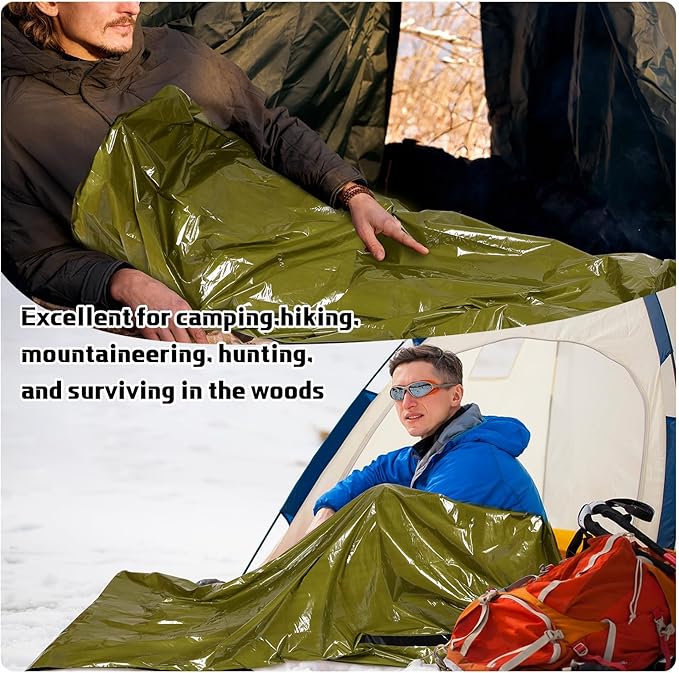 Mixweer 12 Pcs Emergency Sleeping Bag Portable Survival Thermal Bivy Sack Lightweight Emergency Shelter for Homeless People Waterproof Bivy Bag for Camping Hiking Adventure Outdoor, Green
