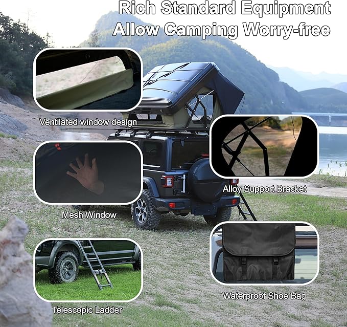 Naturnest Rooftop Tent Hard Shell, Easy to Use Extra Space 2-3 Person Camping Tent with LED Lighting, Waterproof UV Shade Privacy 4 Season Tent for Trucks, Jeeps, SUVs, Vans and Trailers