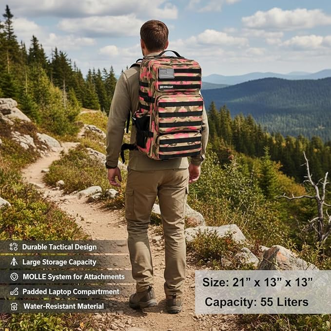 Military Tactical Backpack 55L for Men & Women Bug Out Bag Assault pack Molle Daypack Hiking Trekking Rucksack (Pink camouflage)