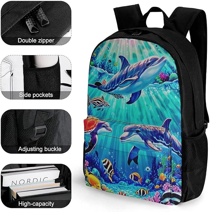 Supdreamc Men Women Lightweight Dolphins Sea Water Life Underwater Beautiful Sea World Daypack Bookbag Big Capacity Carry On Bag With Side Pockets for Camping Travel Bicycle