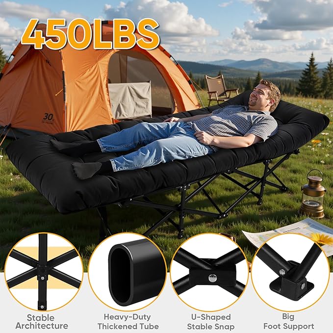 Northroad Camping Cot with Thick Mattress,Quick Set-Up Sleeping Cots with Side Pocket for Outdoor Camping, Office Nap, Home Garden, Beach, Travel, Black