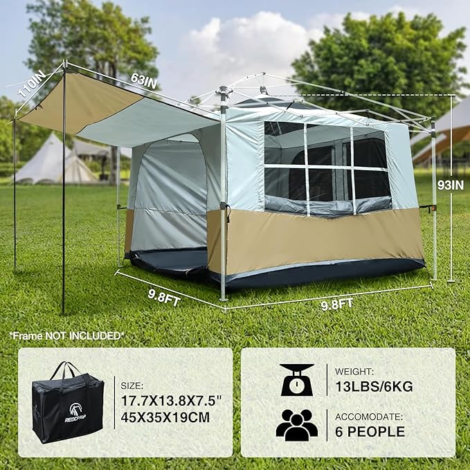 REDCAMP Camping Inner Tent for Pop Up Canopy, Cube Tent Converts 10"x10" Straight Leg Canopy into Camping Tents, Fully Vented Roof, Fit 4-6 Person Khaki (Frame/Shelter NOT Included)