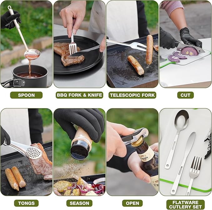 Onlyfire Portable Camping Kitchen Utensil Set, 16 Piece Cookware Kit, Outdoor Cooking and Grilling Utensil Organizer Travel Set Perfect for Travel, Picnic, RV, Camping, Hiking, BBQ, Party, CT606