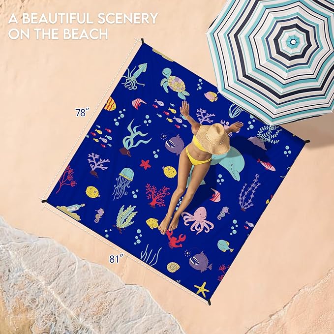 BYDOLL Beach Blanket Waterproof Sandproof Large 78''×81''/10'×9' Sand Free Oversized Sandless Picnic Mat Water Proof Packable Lightweight Blanket for Beach Camping Hiking Travel