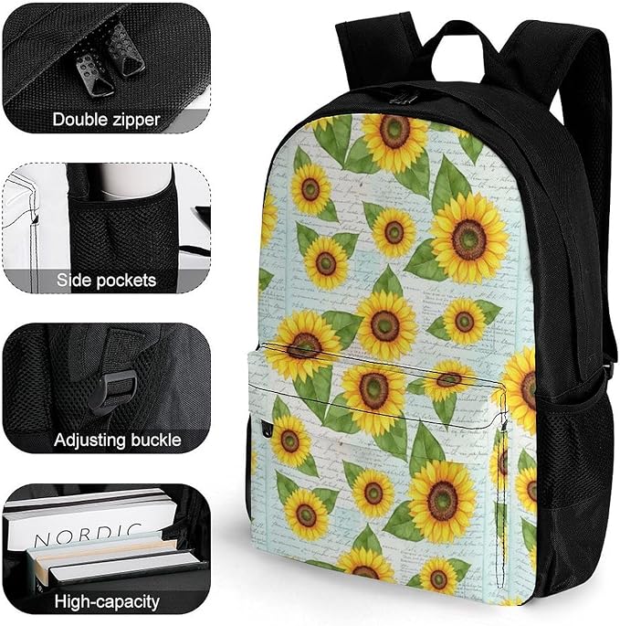Rucksack Multipurpose Anti-Theft Big Capacity Shoulder Bag, Vintage Sunflower Travel Hiking Camping Rucksack With Side Pockets