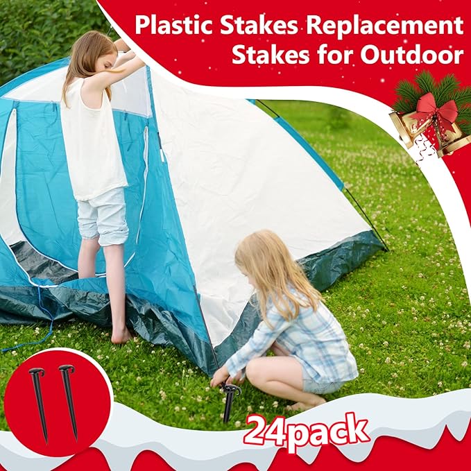 Vicenpal 24 Pcs 7 Inch Plastic Yard Stakes Inflatables Heavy Duty Plastic Garden Stakes for Tent Ground Replacement Outdoor Fence Lawn Pegs Landscape Staples Halloween Christmas Decorations (Black)