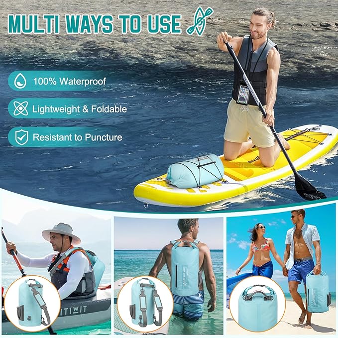 BKNOOU Dry Bag Waterproof for Women Men, 10L/20L Roll Top Lightweight Dry Storage Bag Backpack for Travel, Kayaking, Boating, Rafting, Camping, Hiking and Beach, with Phone Case (Light blue, 20L)