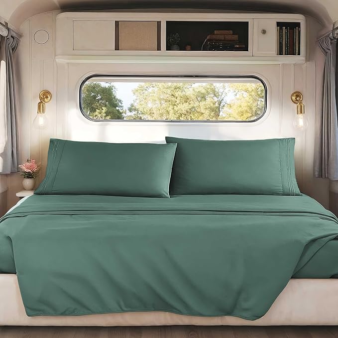 Hearth & Harbor Short Queen Sheets for RV, Forest Green RV Queen Sheets, Silky Soft 1800 Microfiber Bed Sheet for Camper, 4 Piece RV Bedding with Pillowcases