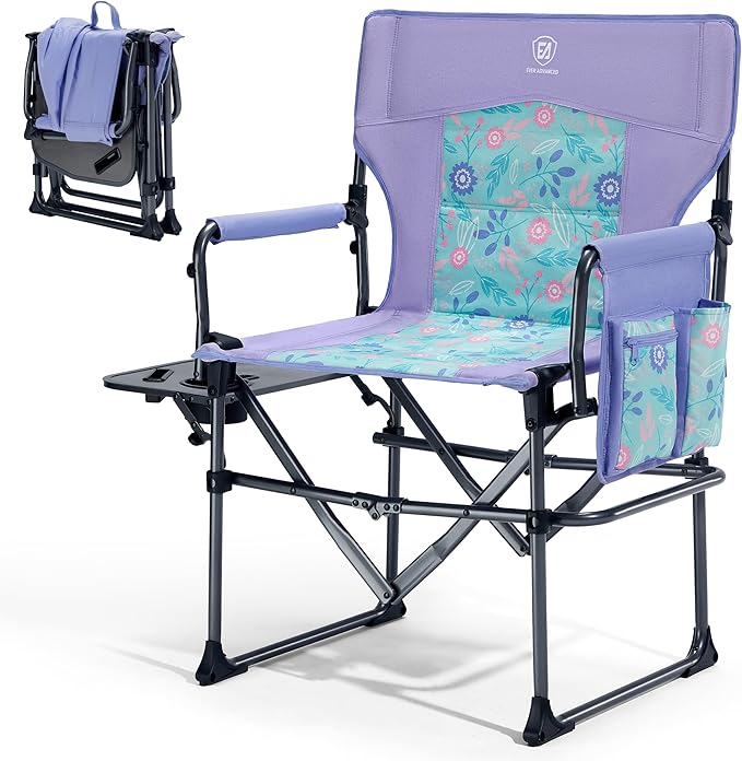 EVER ADVANCED Camping Directors' Chair with Side Table, Portable Folding with Compact Size, Heavy Duty Lawn Chair with Pocket for Camping, Lawn, Sports and Fishing, 400lbs, Purple