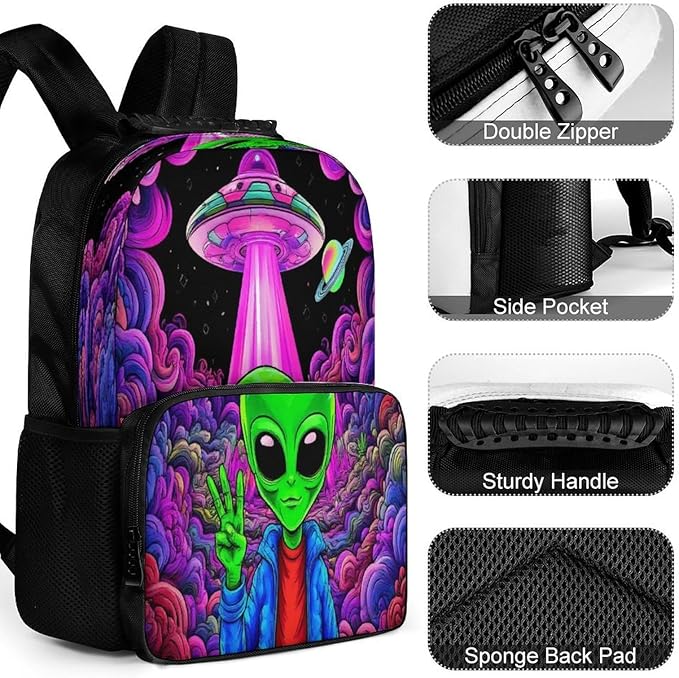 Men Women Polyester Trippy Space Alien Marijuanaweed Art Daypack Big Capacity Shoulder Bag With Smooth Zippers for Hiking Work Walking Cycling