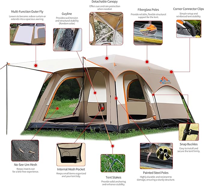 Large Family Standing Upright Camping Tent - 5-12 Persons Multi-Room Waterproof Tent with Screened Porch - Glamping Tent for Outdoor Camping & Family Vacation