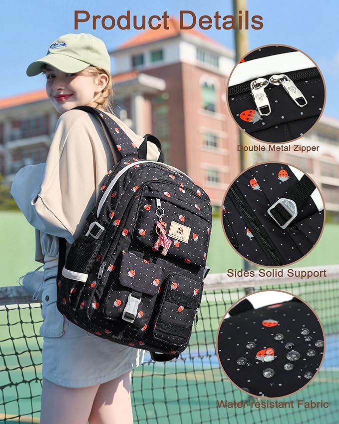 Laptop School Backpack for Teen Girls Women 15.6 Inch Cute College Backpacks Large Elementary Middle High School Bag Kids Student Strawberry Bookbag Anti Theft Travel Casual Daypack (Black-Strawberry)