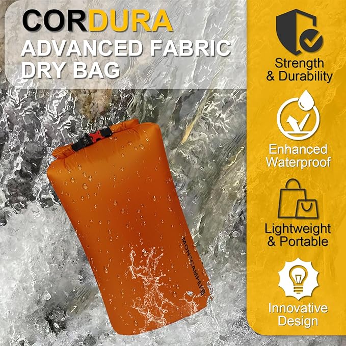 CORDURA Waterproof Dry Bag 35L – Heavy Duty IPX6 Roll Top Sack with Survival Whistle for Kayaking, Camping, Boating, Beach – Lightweight Dry Backpack (Orange)