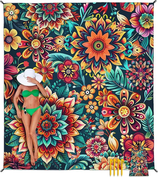 Beach Blanket Waterproof Sandproof, Bohemian Flowers Oversized Extra Large Beach Mat 83"×95"/8 × 7 FT for 1-7 Adults for Picnic Travel Hiking, Quick Drying Lightweight Camping Vacation Essentials