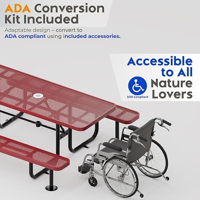 Metal Picnic Furniture for Outdoors with Umbrella Hole - Coated Steel Heavy Duty Commercial Grade Table with Adjustable Seats, Patio Set for a Lifetime (Red, 6' Rectangular, Punched Steel)