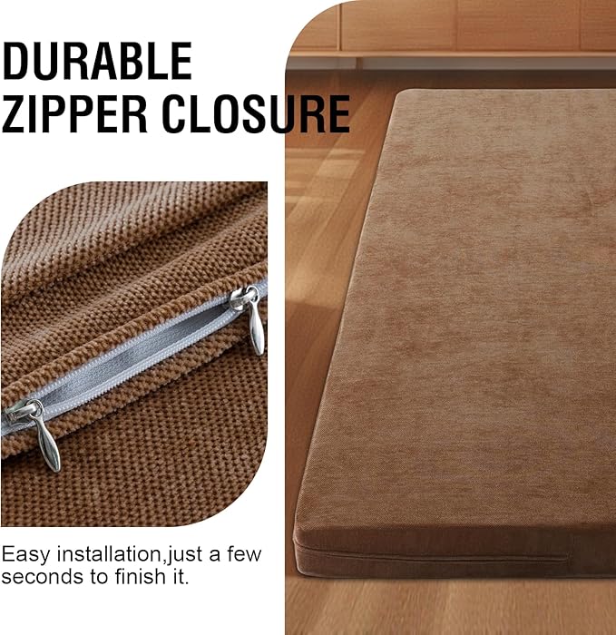 H.VERSAILTEX Twin Size Armless Futon Mattress Covers for Traditional Japanese Futon Mattress Soft Mixed-Color Chenille Couch Slipcovers Floor Mats Sofa Protector Zippered Sleeper Sofa Cover,Caramel