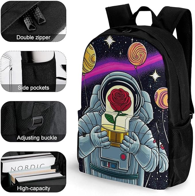 Supdreamc Rucksacks Lightweight Multipurpose Anti-Theft Astronaut Starry Sky Roses Colorful Planet Art Shoulder Bag Big Capacity Traveling Camping Backpack With Side Pockets