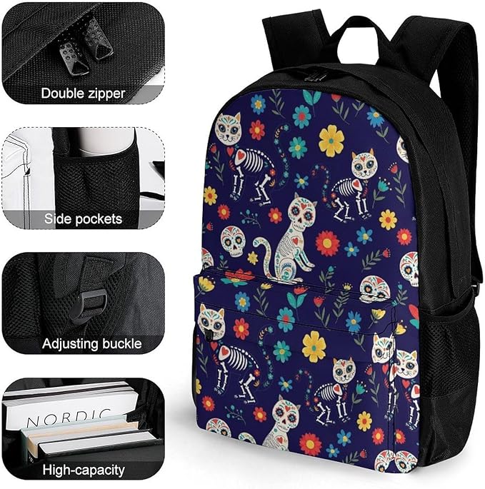 Polyester Daypack for Hiking Work Running, Big Capacity Anti-Theft Multipurpose Shoulder Bag, Day Of The Dead Black Cat Rose Sugar Skull Skeleton Travel and Sport Backpack Rucksack