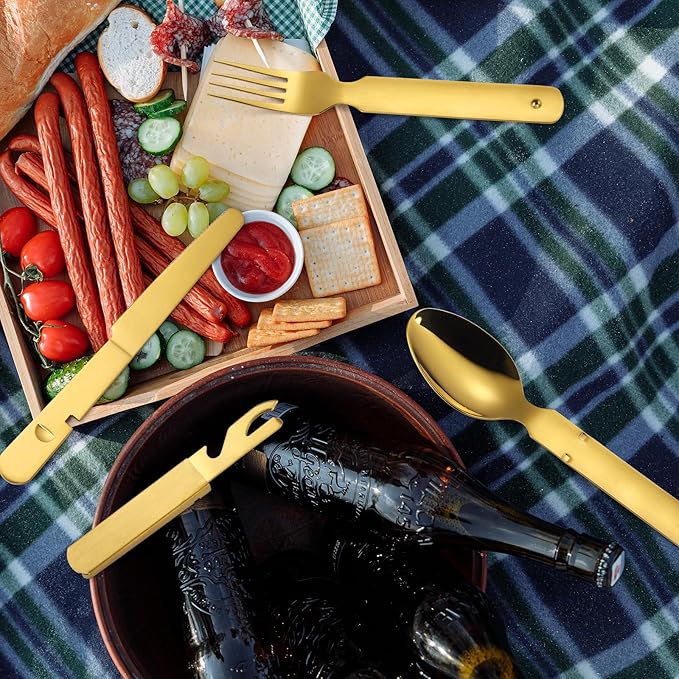 Picnic Silverware Gold Camping Cutlery Fork Knife Spoon Bottle Opener 4 Pieces Flatware Utensil Kit Foldable for Outdoor Kitchen Daily Use Easy To Clean