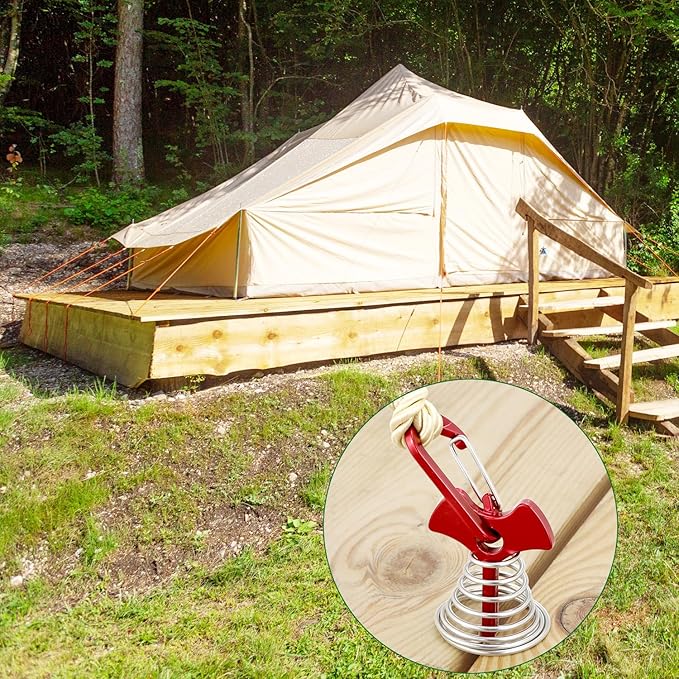 QWORK 10PCS Red Deck Anchor Pegs with Carabiners, Non-Slip Stable Anchors for Tents & Canopies on Wooden Decks