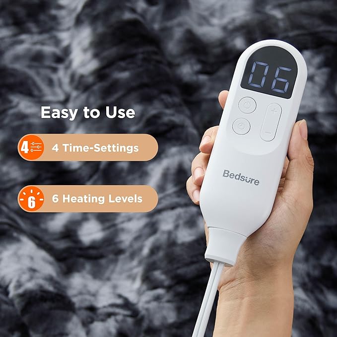 Bedsure Faux Fur Heated Blanket Throw Blanket, Fast Heating Electric Blanket with 6 Heating Levels & 4 Time Settings, Cozy Gifts for Women Men (50x60 inches, Black)