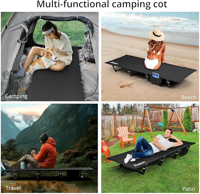 Anbte Ultralight Folding Camping Cot, Comfortable Portable Camping Cot Supports 275 lbs with Storage Bag & Side Pocket, Lightweight Folding Bed for Outdoor Travel Tent Indoor Emergency Bed, Black