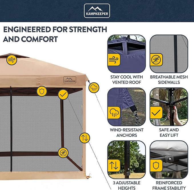 KAMPKEEPER 10x10 Pop-Up Canopy Tent, Waterproof Portable Shade with Screen Walls, Adjustable Instant Outdoor Shelter for Camping, Backyard, and Events, Khaki