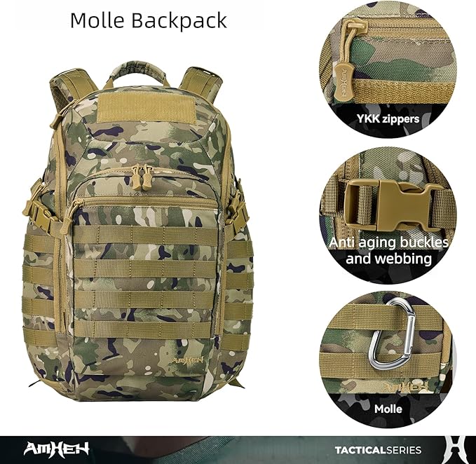32L Tactical Backpack - MOLLE Everyday Carry with Suspended 17" Laptop Compartment for Work, Travel and Emergency (Camo)