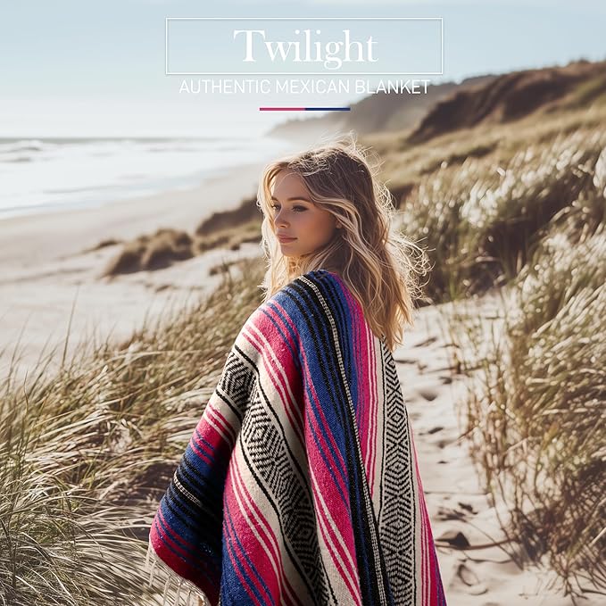 Hydration Nation Authentic Extra Large Mexican Blanket (70"x50") - Handwoven Yoga, Serape- Artisanal Falsa, Beach, Camping, Picnic, Outdoor - Twilight