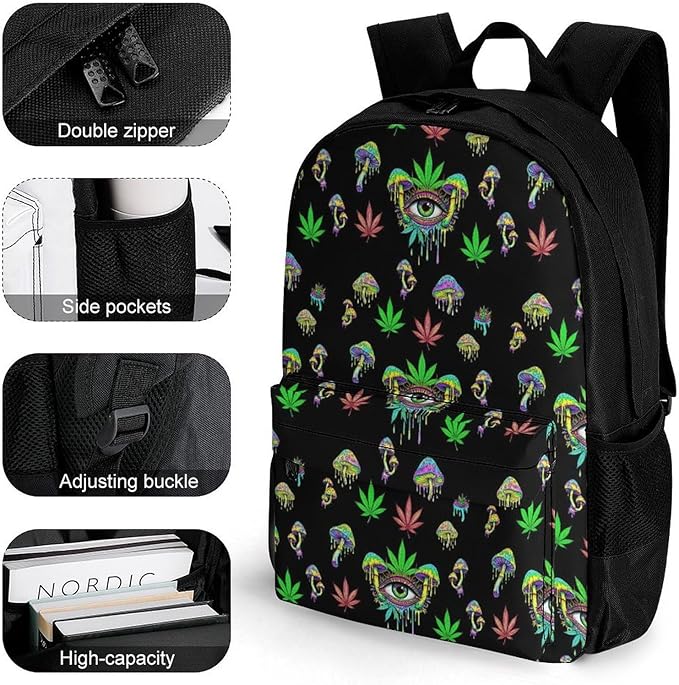 Men Women Polyester Trippy Weedleaf Eyes Mushroom Casual Daypack Large Capacity Carry On Bag With Adjustable Shoulder Straps for Camping Work Running