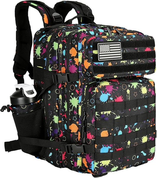25L/45L Tactical Backpack Military Tactical Backpack Heavy Duty Molle Assault Pack for Work Gym Outdoors (1.0 25L-fluorescent tie dye, Small)