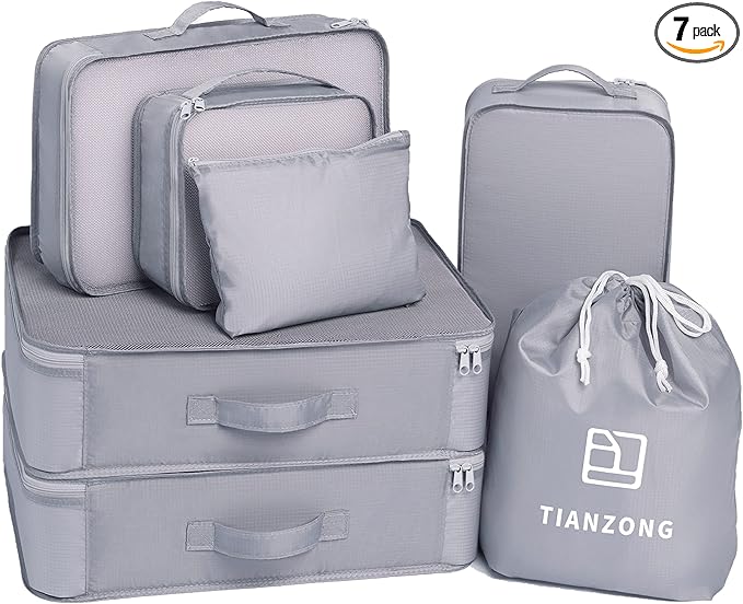 tianzong 7-piece Set Packing Cubes, Travel Bags for Luggage, Packing Organizers with Shoe Bag (Grey)