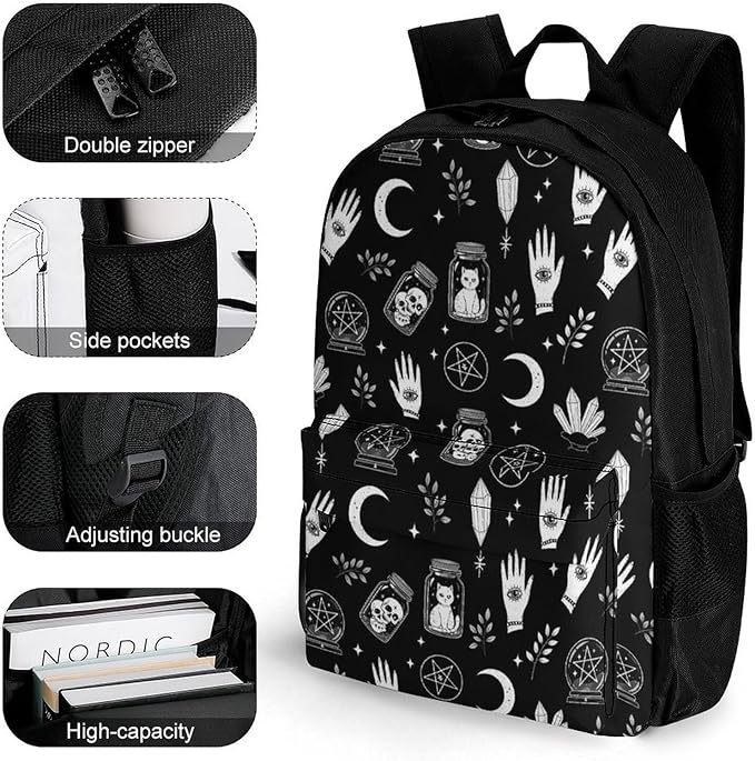 Rucksack Polyester Anti-Theft Multipurpose Black Cat Moon Gothic Skull Raven Carry On Bag Large Capacity Travel and Sport Backpack Rucksack With Smooth Zippers