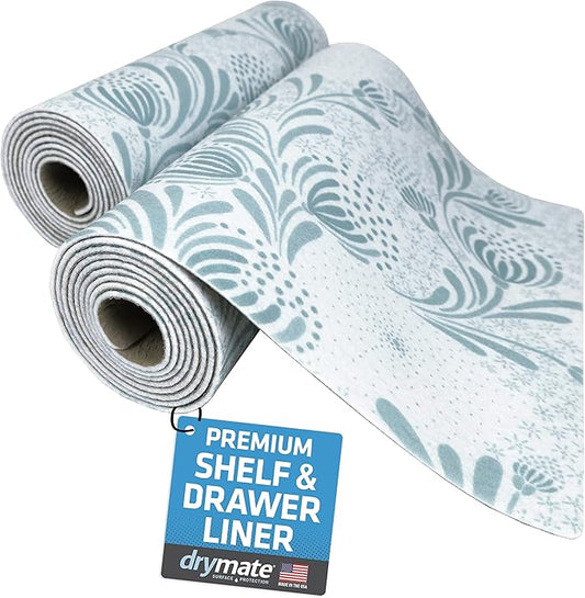 Drymate Premium Luxury Shelf & Drawer Liner, Thick Cushioned Fabric, Non-Adhesive, Absorbent, Waterproof, Slip-Resistant, Liners for Kitchen Cabinets, Cupboards (USA Made)(12”x59”)(2-Pack)(Light Blue)