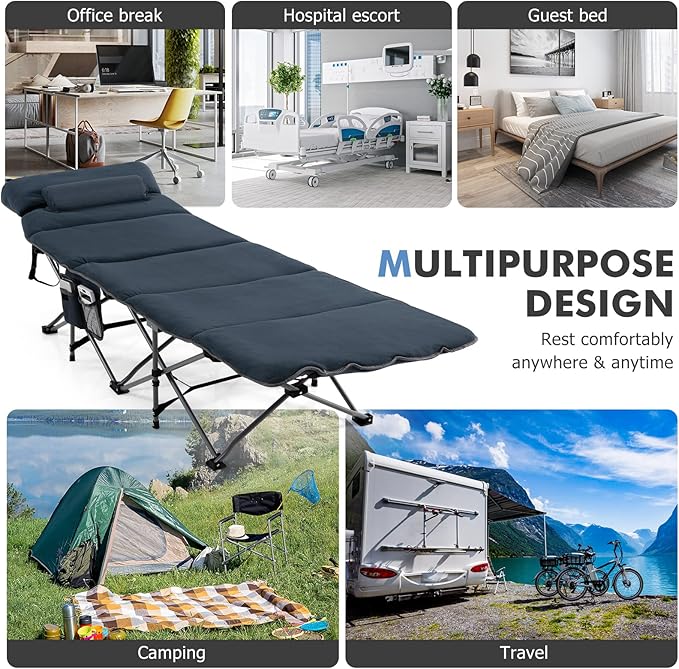 Tangkula Camping Cot for Adults, Folding Sleeping Cot with Removable Mattress, Pillow, Side Pocket, Portable Indoor Outdoor Cot Bed with Carry Bags for Travel, Camp, Office, Home (Blue)