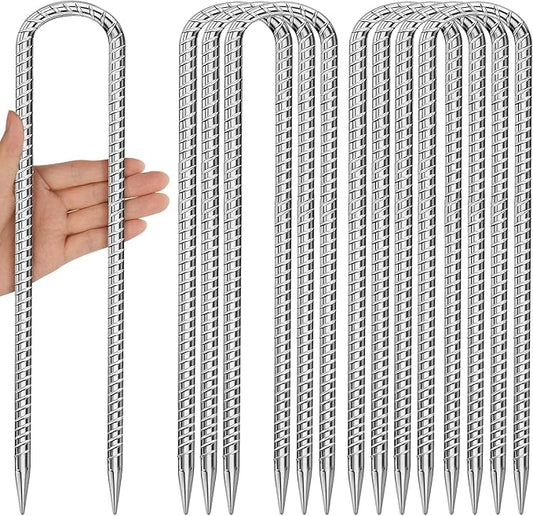 12 Inches U Stakes 8-Pack Heavy Duty Tramopline Wind Stakes for Inflatables, Metal Stake for Outdoor Decorations, Fence Stakes for Dogs Digging, Inflatables, Outdoor Decoration Anchors Silver